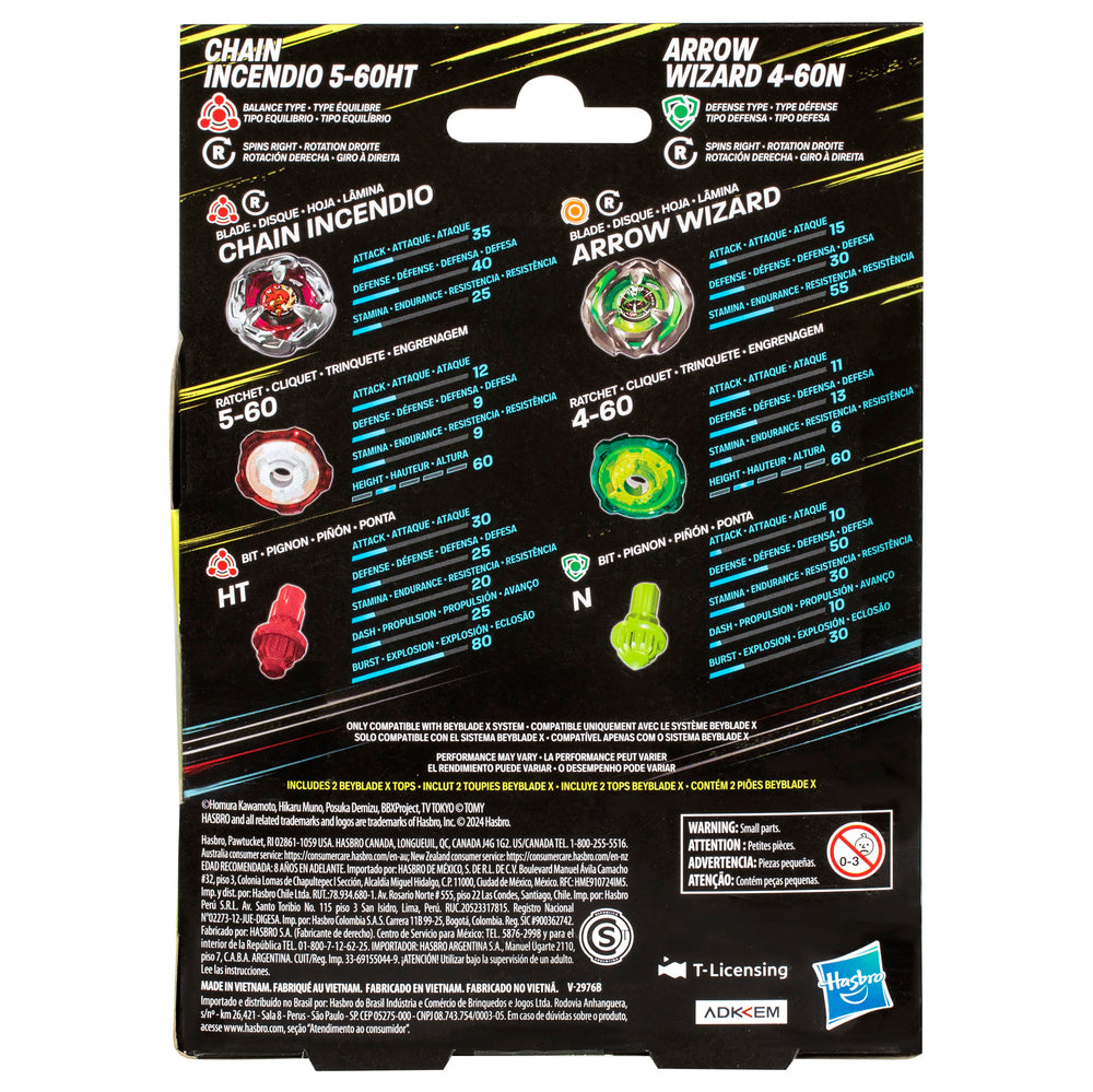 Beyblade X Chain Incendio 5-60HT and Arrow Wizard 4-60N Takara Tomy Top Dual Pack Set