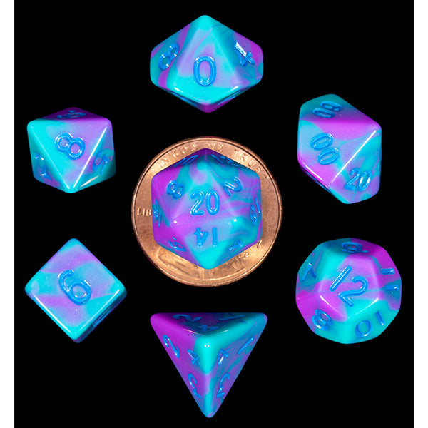 Mini Polyhedral Dice Set: Purple/Teal with Blue Numbers