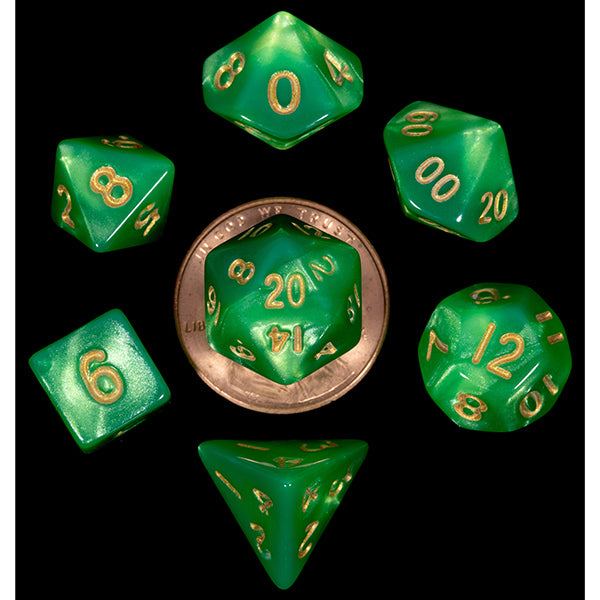 Mini Polyhedral Dice Set: Green/Light Green with Gold Numbers