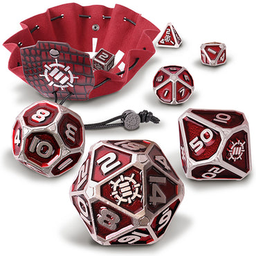 7-Die Set ENHANCE Metal Dice: Zinc/Red w/ Case & Bag, Collector's Edition